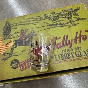 Tally Ho Libbey Glass Juice Set 8 Glasses Original Box Equestrian Horse Fox Hunt